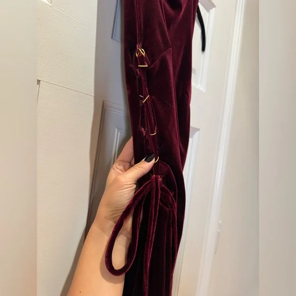 Deep Red Velvet Dress with Gold Side Ties - Picture 5 of 9